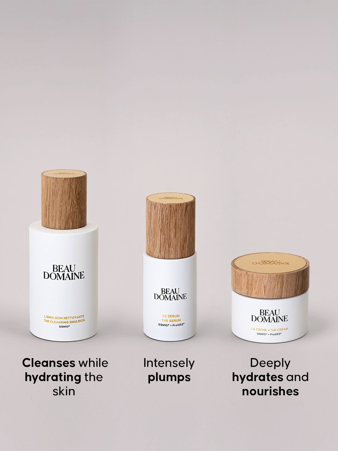 Trois produits de Soins de BEAU DOMAINE sur fond gris clair